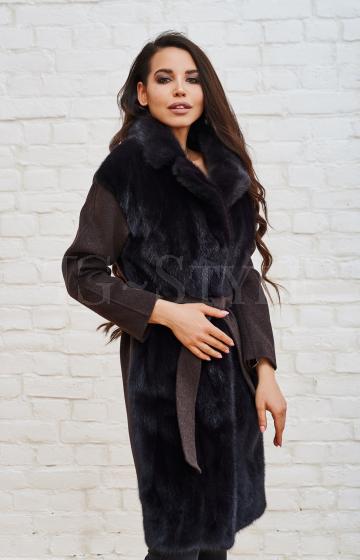 Шерстяное пальто из норки темно-коричневого цвета
