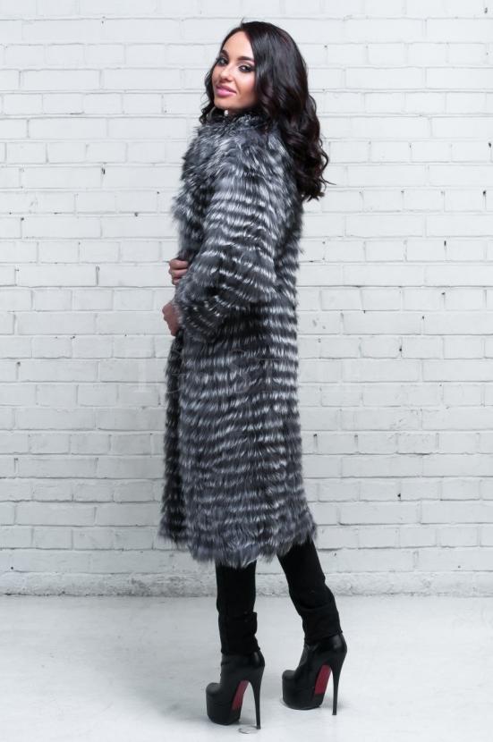 Меховое черно-серое пальто из чернобурки фото №4